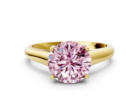 Yellow gold Fancy Pink Round Cut Cut Diamond Solitaire Engagement Ring with Tapered Plain Band and Four-Prong Setting