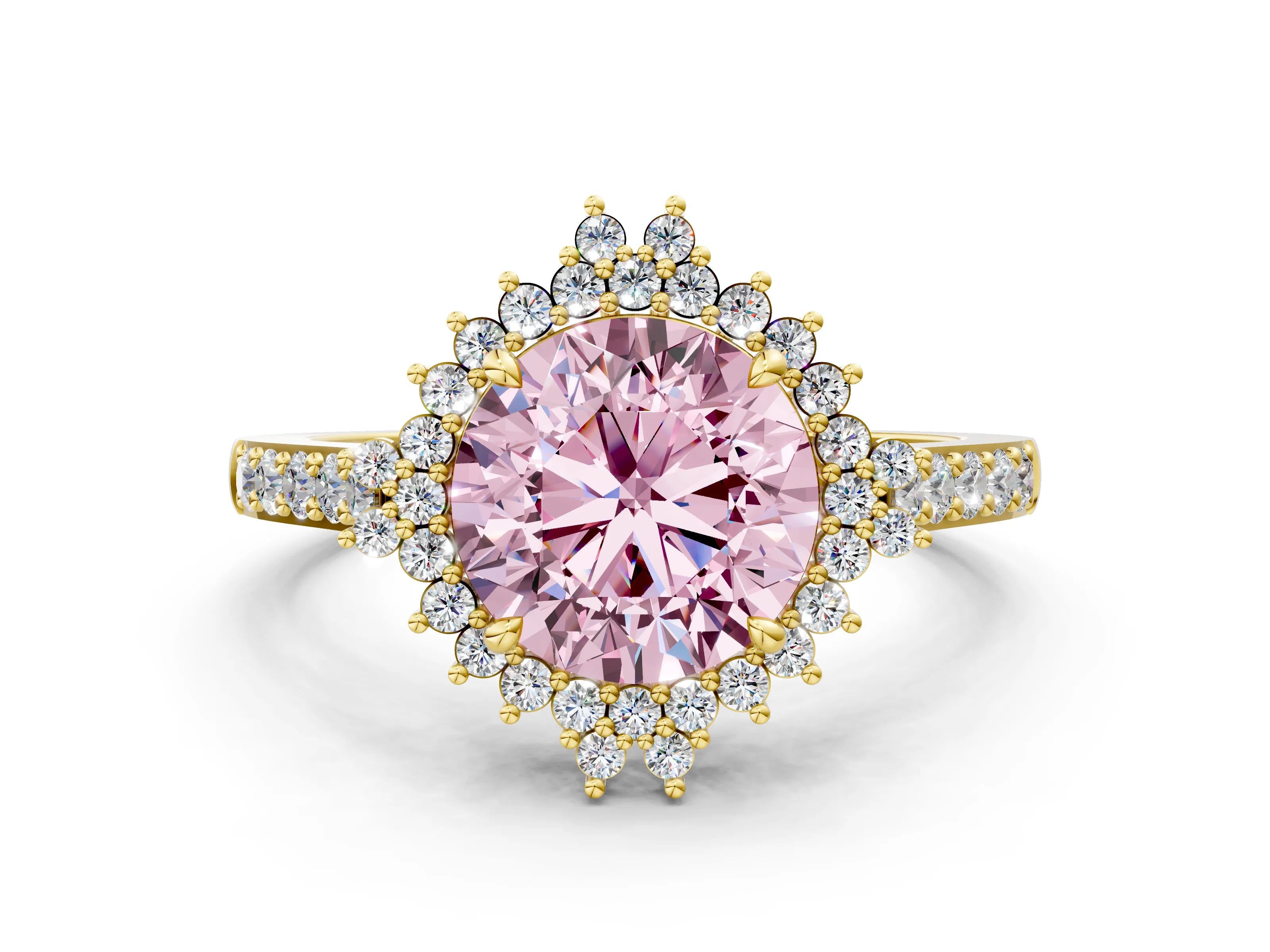 Yellow gold Fancy Pink Round Cut Cut Diamond Sunburst Halo Engagement Ring with Pavé Band