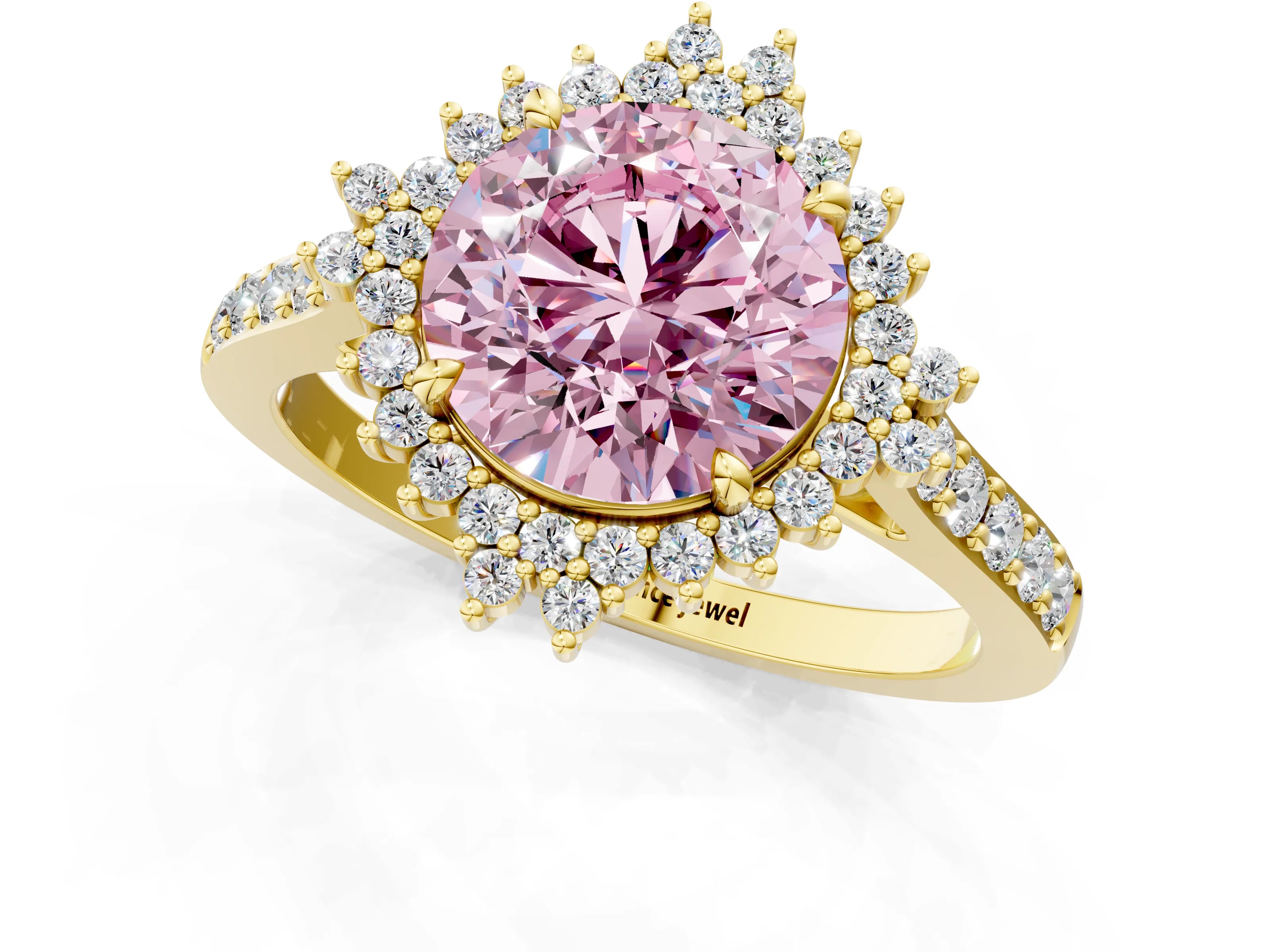Yellow gold Fancy Pink Round Cut Cut Diamond Sunburst Halo Engagement Ring with Pavé Band_1