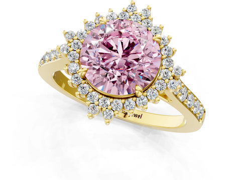 Yellow gold Fancy Pink Round Cut Cut Diamond Sunburst Halo Engagement Ring with Pavé Band_1