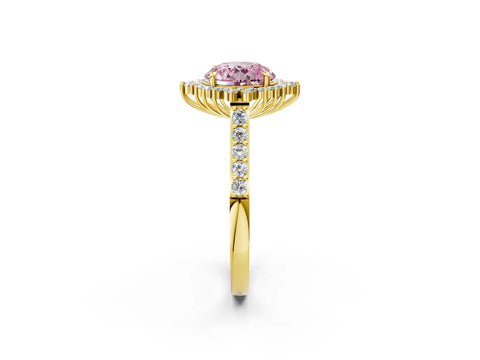 Yellow gold Fancy Pink Round Cut Cut Diamond Sunburst Halo Engagement Ring with Pavé Band_2