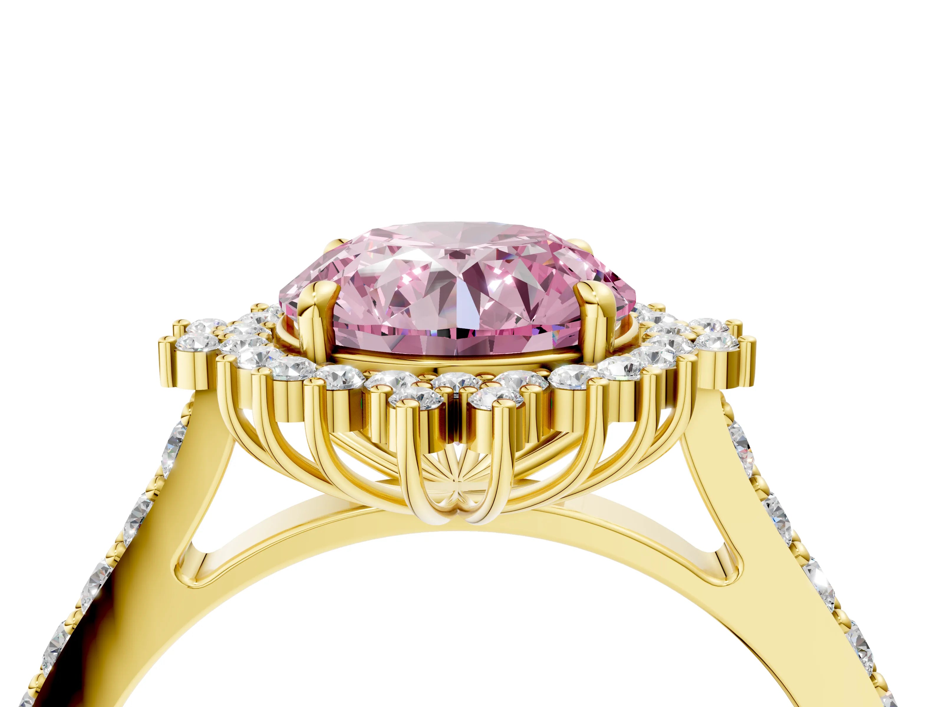 Yellow gold Fancy Pink Round Cut Cut Diamond Sunburst Halo Engagement Ring with Pavé Band_4