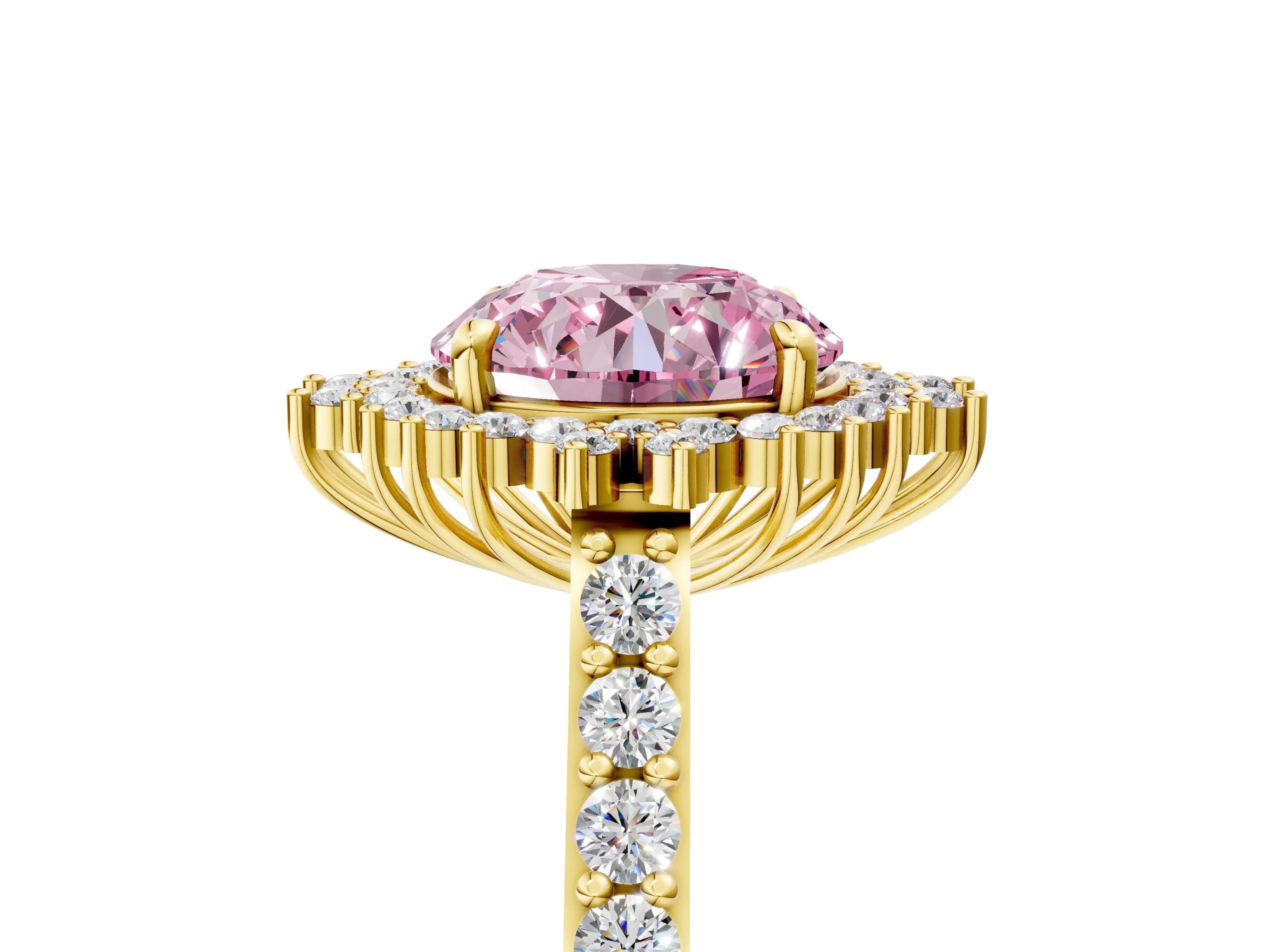 Yellow gold Fancy Pink Round Cut Cut Diamond Sunburst Halo Engagement Ring with Pavé Band_5