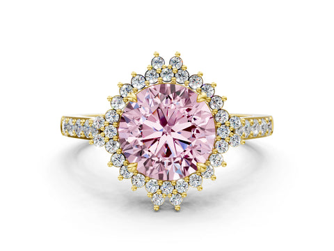 Yellow gold Fancy Pink Round Cut Cut Diamond Sunburst Halo Engagement Ring with Pavé Band