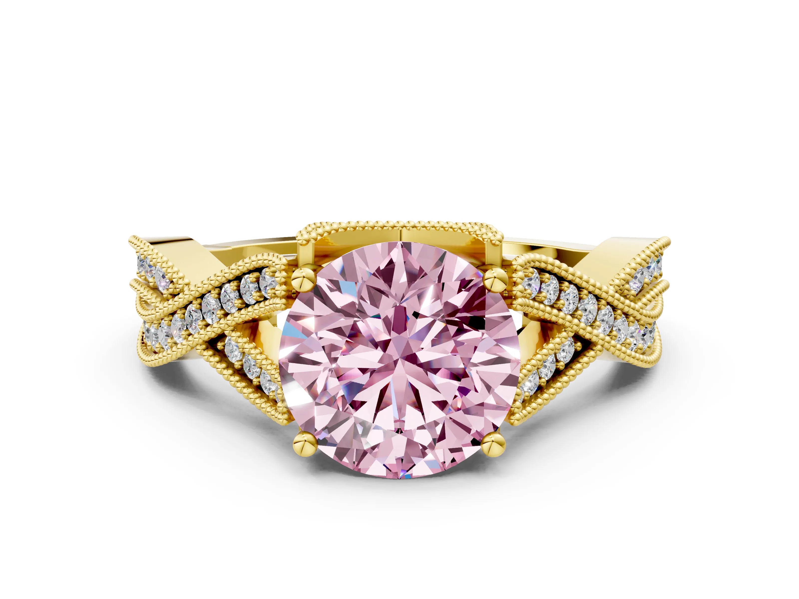 Yellow gold Fancy Pink Round Cut Cut Diamond Twisted Band with Milgrain Pave Setting and Four-Prong Setting
