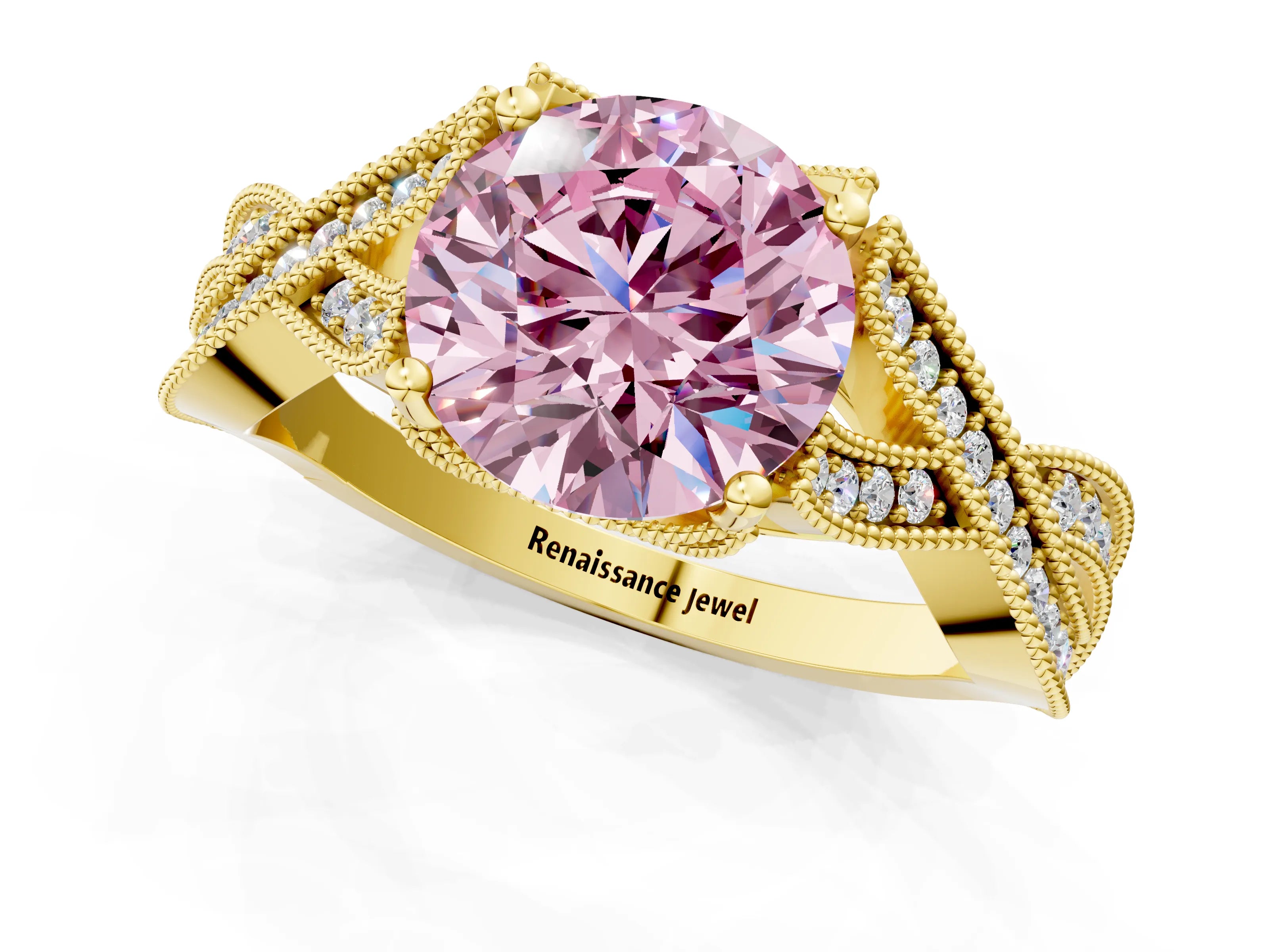Yellow gold Fancy Pink Round Cut Cut Diamond Twisted Band with Milgrain Pave Setting and Four-Prong Setting_1