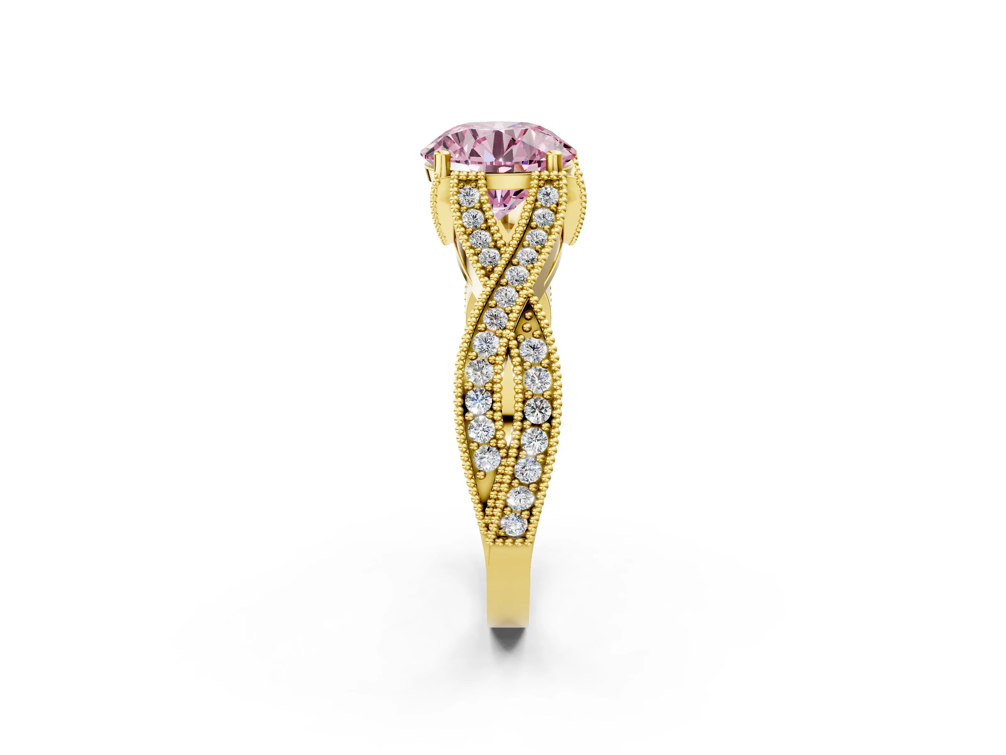 Yellow gold Fancy Pink Round Cut Cut Diamond Twisted Band with Milgrain Pave Setting and Four-Prong Setting_2