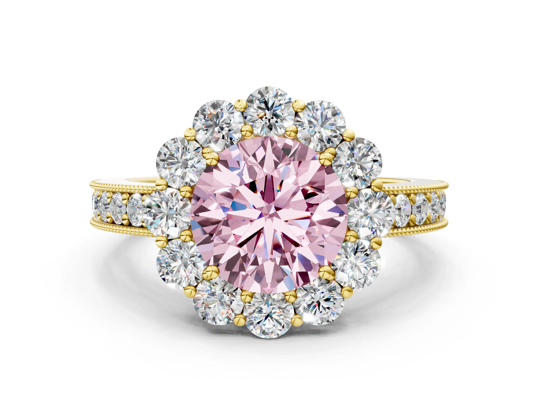 Yellow gold Fancy Pink Round Cut Cut Halo Diamond Pavé Engagement Ring with Milgrain Detailing