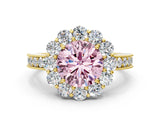 Yellow gold Fancy Pink Round Cut Cut Halo Diamond Pavé Engagement Ring with Milgrain Detailing