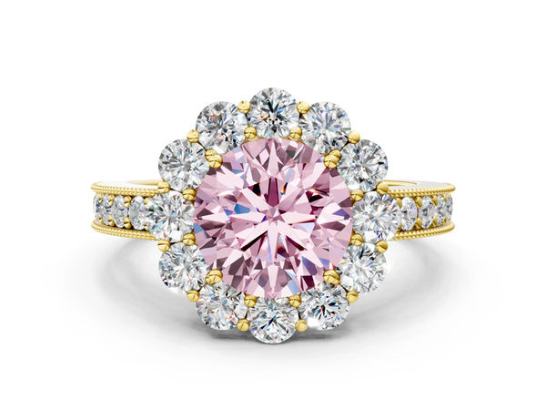 Yellow gold Fancy Pink Round Cut Cut Halo Diamond Pavé Engagement Ring with Milgrain Detailing