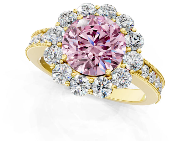Yellow gold Fancy Pink Round Cut Cut Halo Diamond Pavé Engagement Ring with Milgrain Detailing