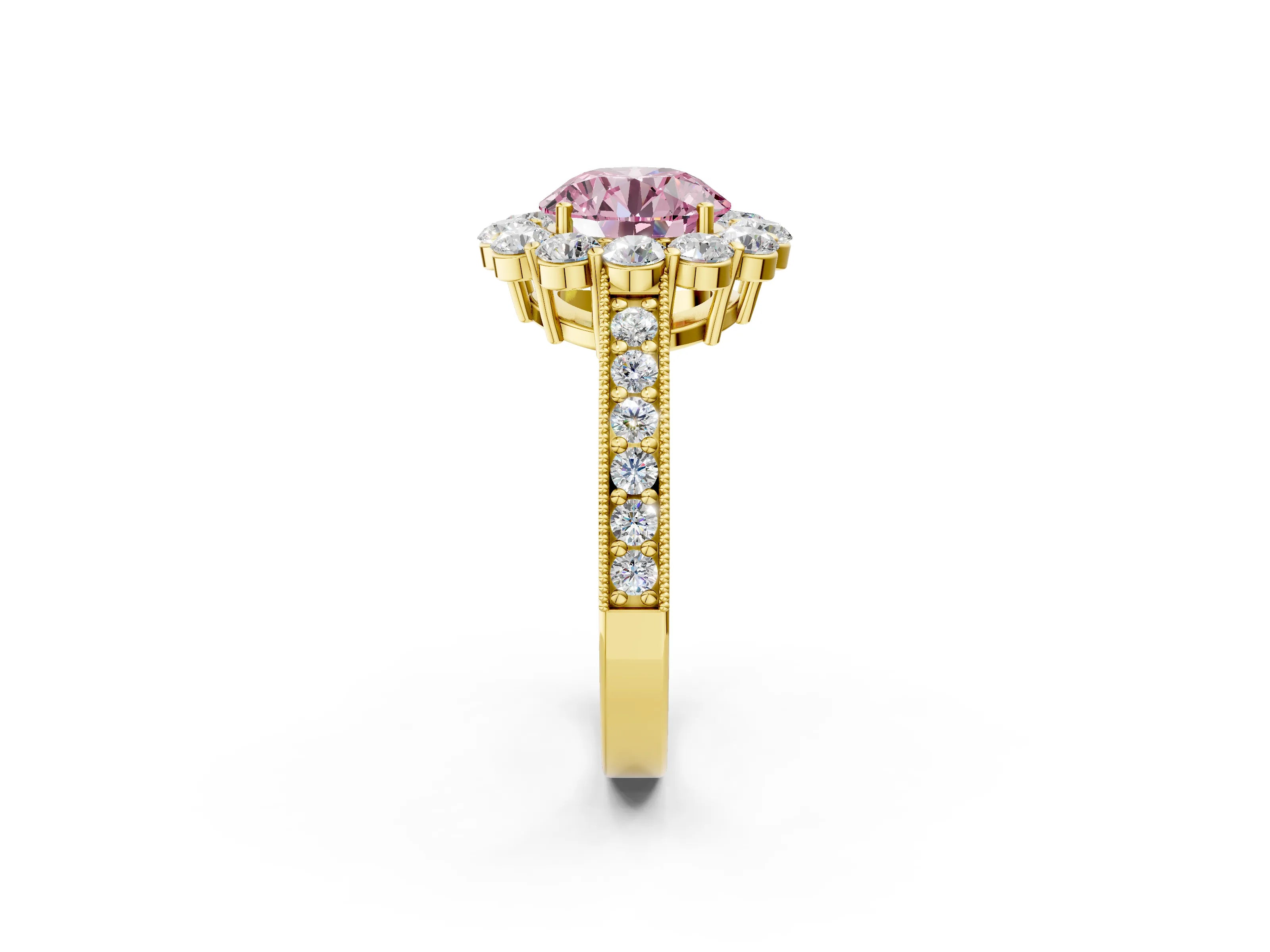 Yellow gold Fancy Pink Round Cut Cut Halo Diamond Pavé Engagement Ring with Milgrain Detailing_2