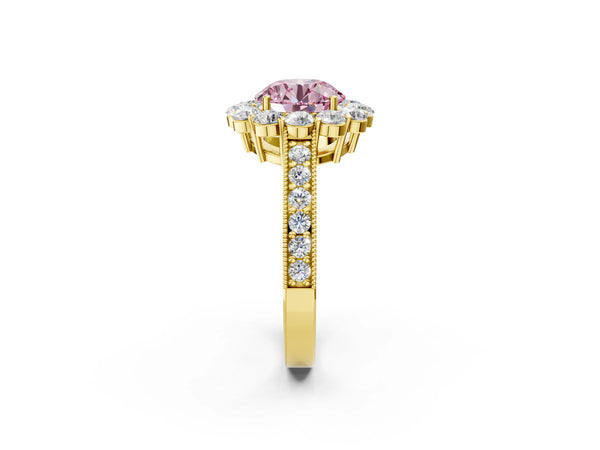 Yellow gold Fancy Pink Round Cut Cut Halo Diamond Pavé Engagement Ring with Milgrain Detailing