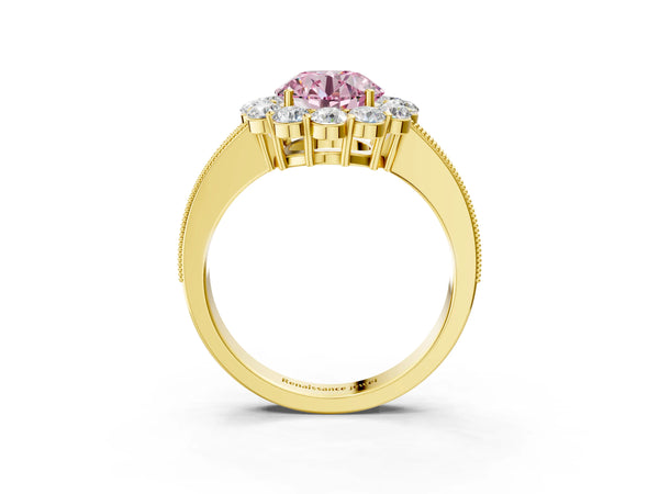 Yellow gold Fancy Pink Round Cut Cut Halo Diamond Pavé Engagement Ring with Milgrain Detailing
