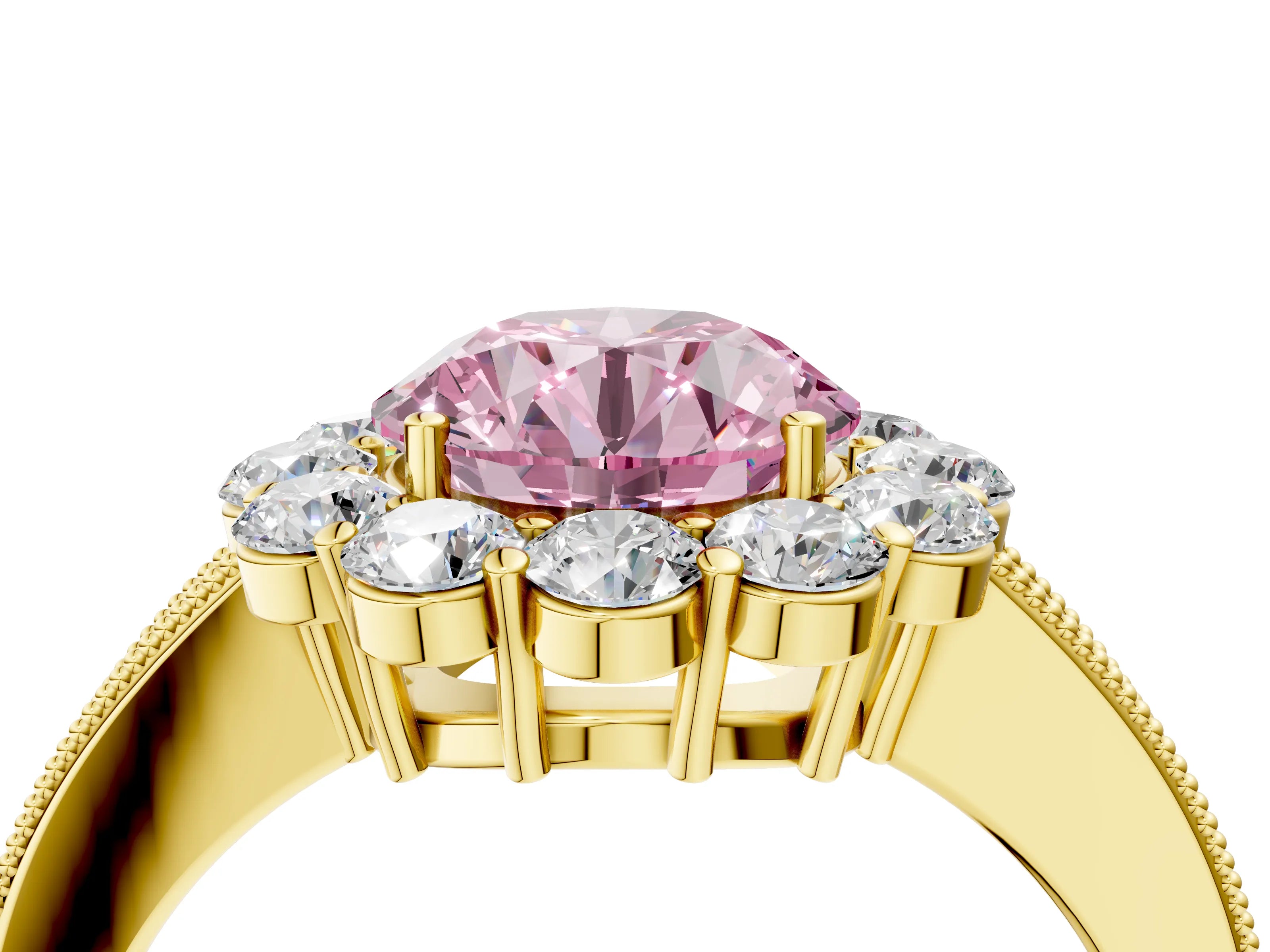 Yellow gold Fancy Pink Round Cut Cut Halo Diamond Pavé Engagement Ring with Milgrain Detailing_4