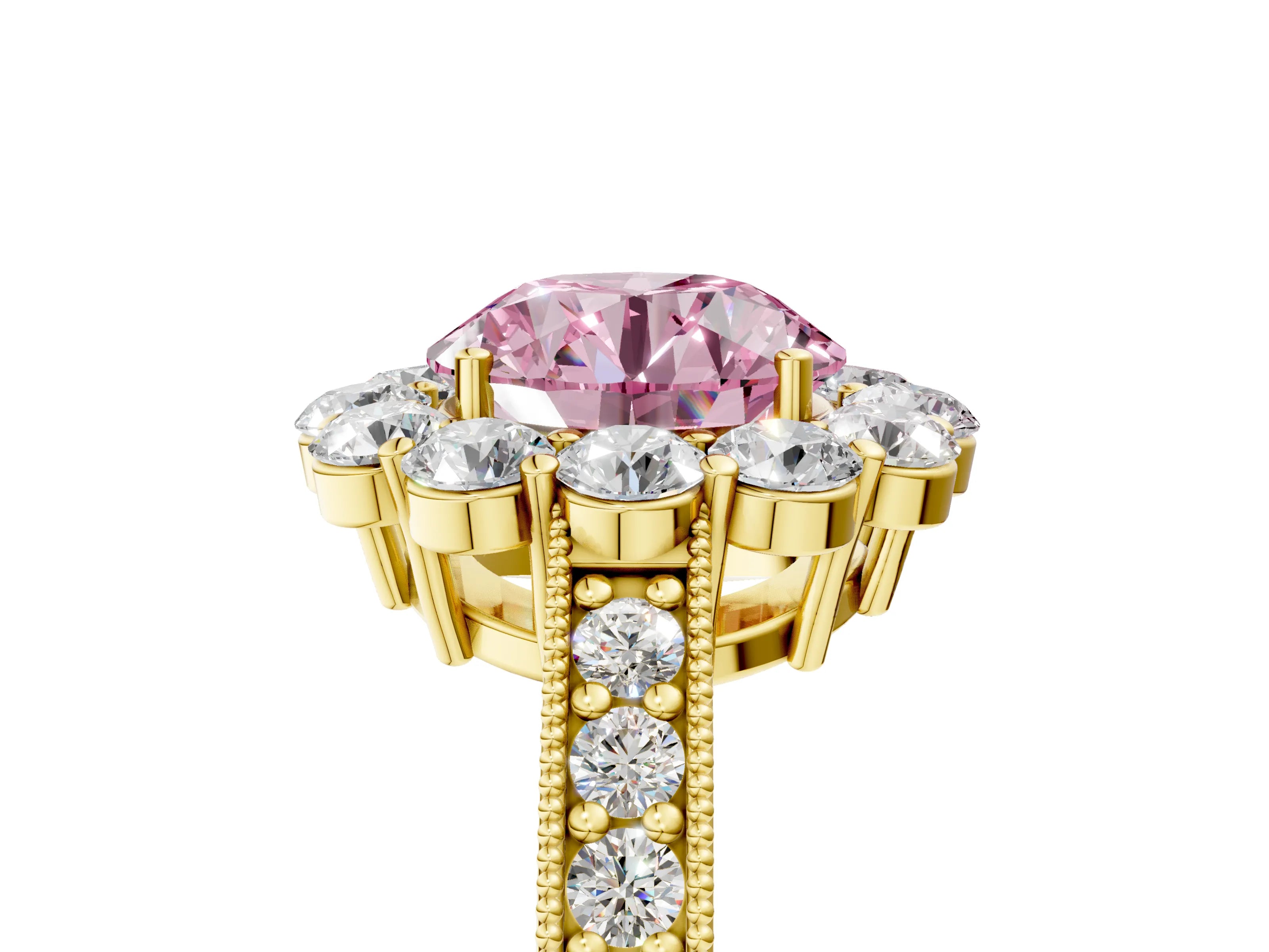 Yellow gold Fancy Pink Round Cut Cut Halo Diamond Pavé Engagement Ring with Milgrain Detailing_5