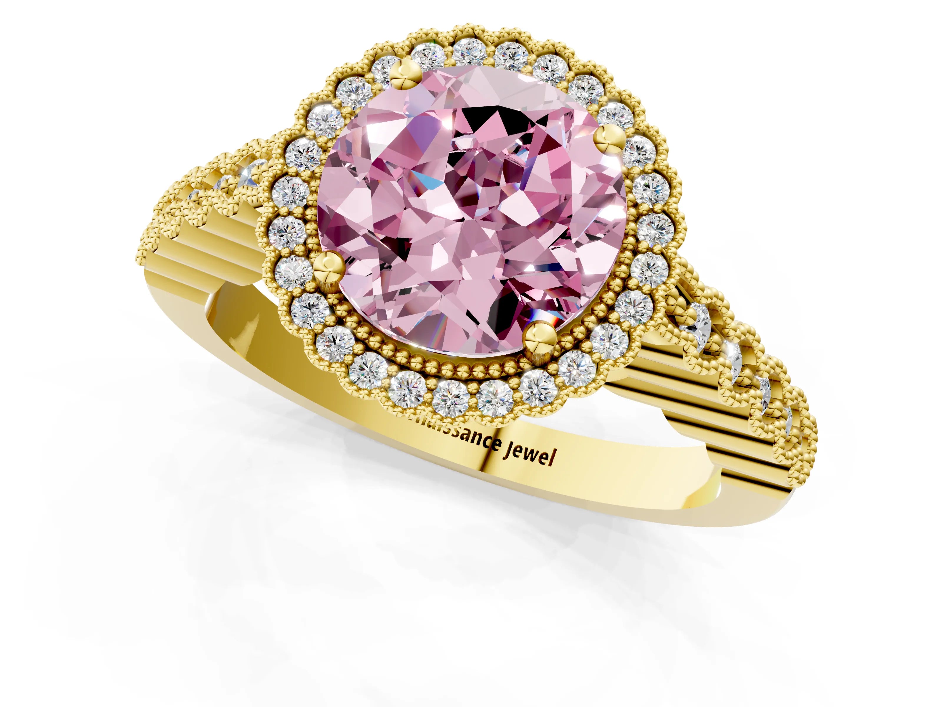 Yellow gold Fancy Pink Round Cut Cut Halo Pavé Solitaire Ring with Milgrain Band_1