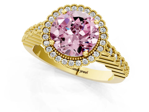 Yellow gold Fancy Pink Round Cut Cut Halo Pavé Solitaire Ring with Milgrain Band_1