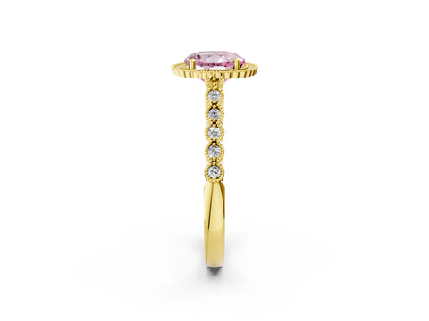 Yellow gold Fancy Pink Round Cut Cut Halo Pavé Solitaire Ring with Milgrain Band_2