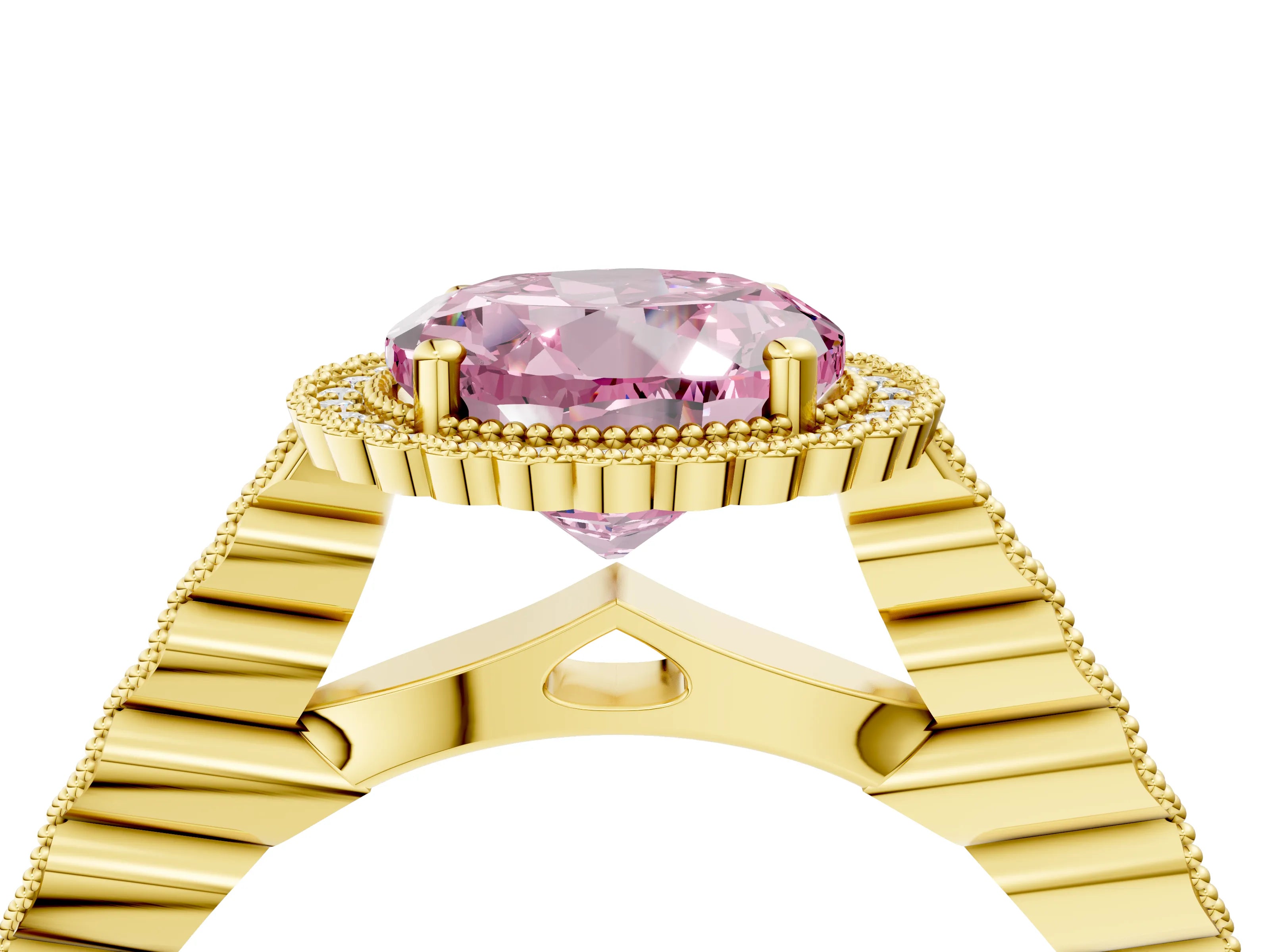 Yellow gold Fancy Pink Round Cut Cut Halo Pavé Solitaire Ring with Milgrain Band_4