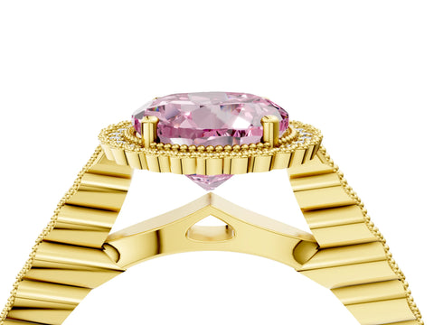 Yellow gold Fancy Pink Round Cut Cut Halo Pavé Solitaire Ring with Milgrain Band_4