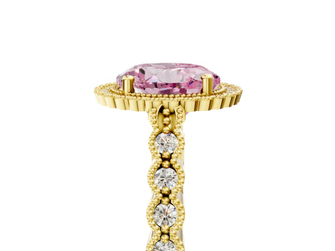 Yellow gold Fancy Pink Round Cut Cut Halo Pavé Solitaire Ring with Milgrain Band_5