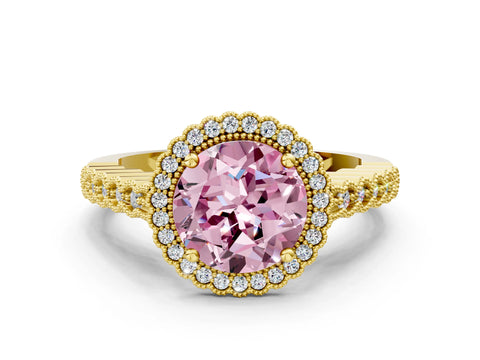 Yellow gold Fancy Pink Round Cut Cut Halo Pavé Solitaire Ring with Milgrain Band