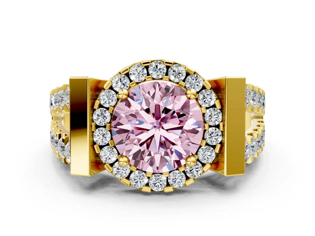 Yellow gold Fancy Pink Round Cut Cut Halo Split Shank Prong Set Ring