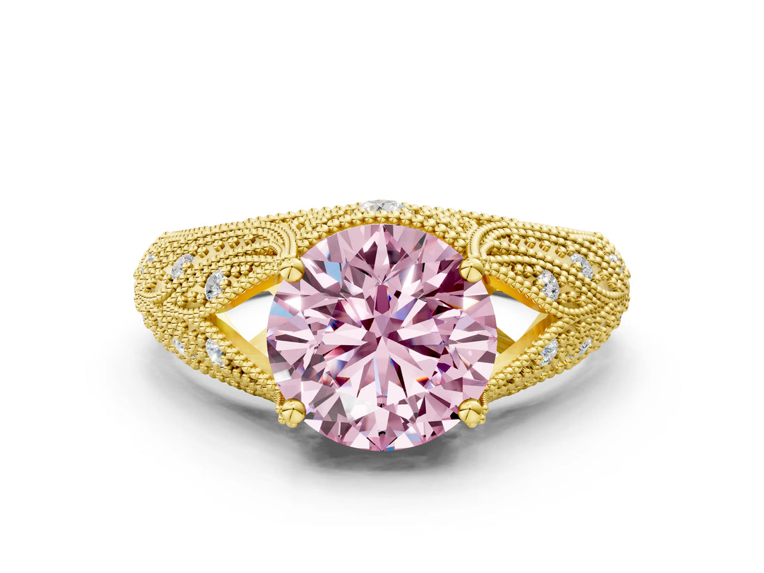 Yellow gold Fancy Pink Round Cut Cut Milgrain Pave Diamond Engagement Ring with Four-Prong Setting_3