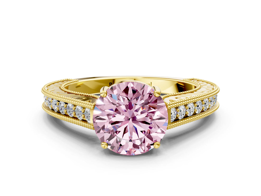 Yellow gold Fancy Pink Round Cut Cut Pave Band Milgrain Solitaire Ring