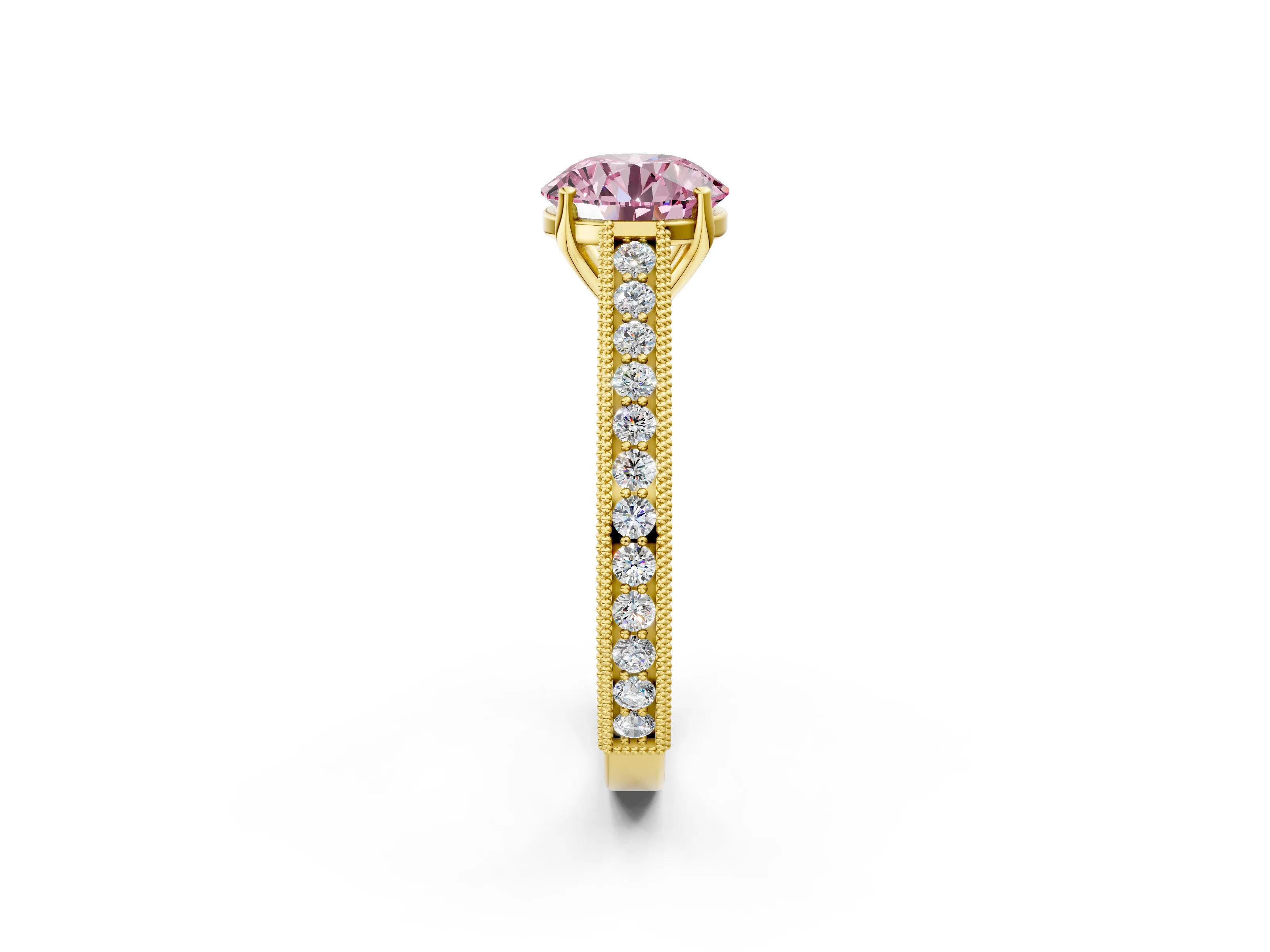 Yellow gold Fancy Pink Round Cut Cut Pave Band Milgrain Solitaire Ring_2