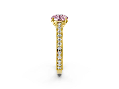 Yellow gold Fancy Pink Round Cut Cut Pave Band Milgrain Solitaire Ring_2