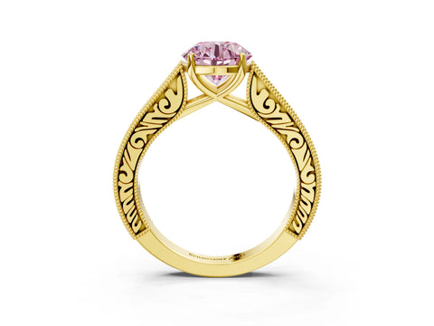 Yellow gold Fancy Pink Round Cut Cut Pave Band Milgrain Solitaire Ring_3