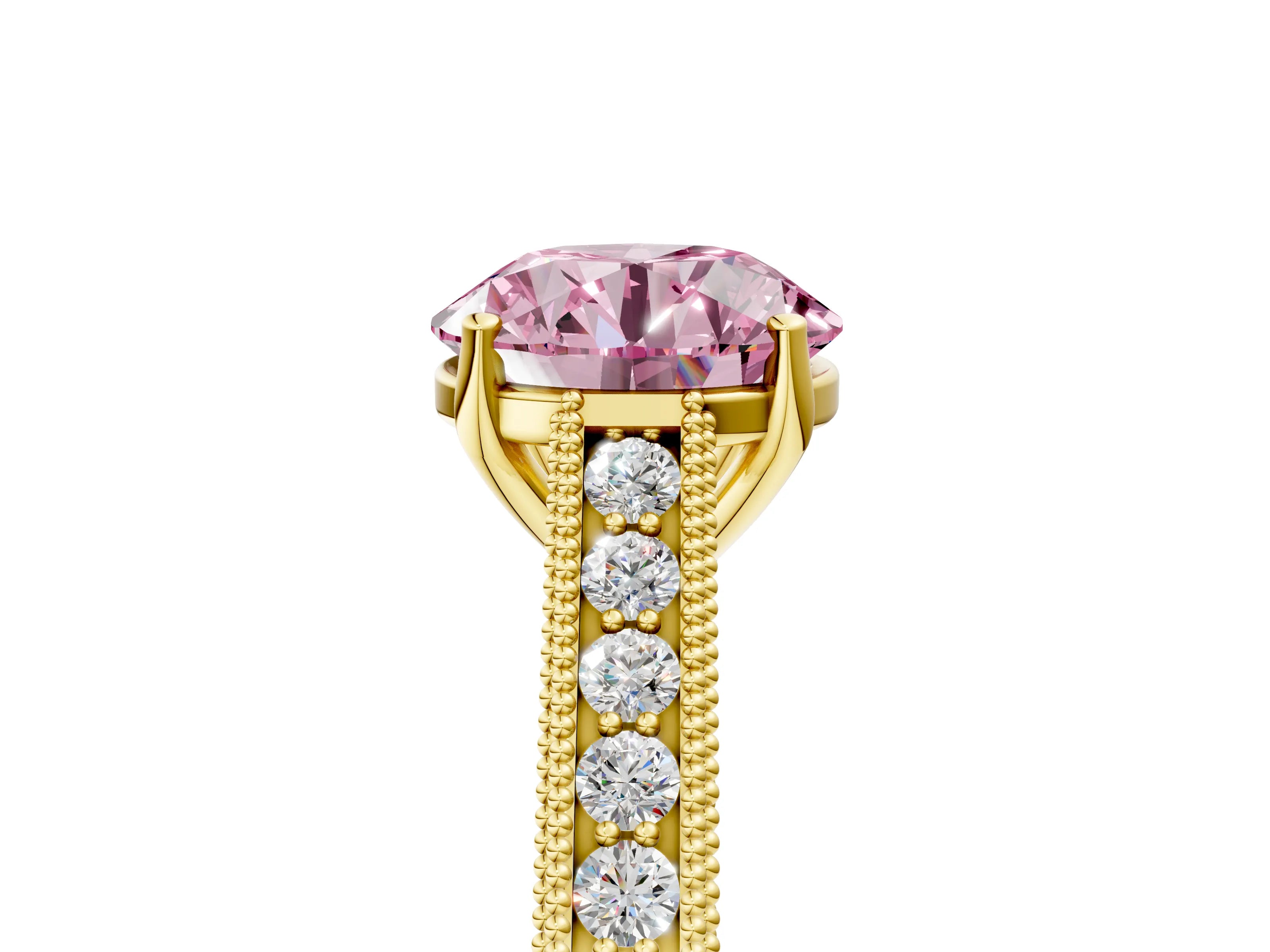 Yellow gold Fancy Pink Round Cut Cut Pave Band Milgrain Solitaire Ring_5