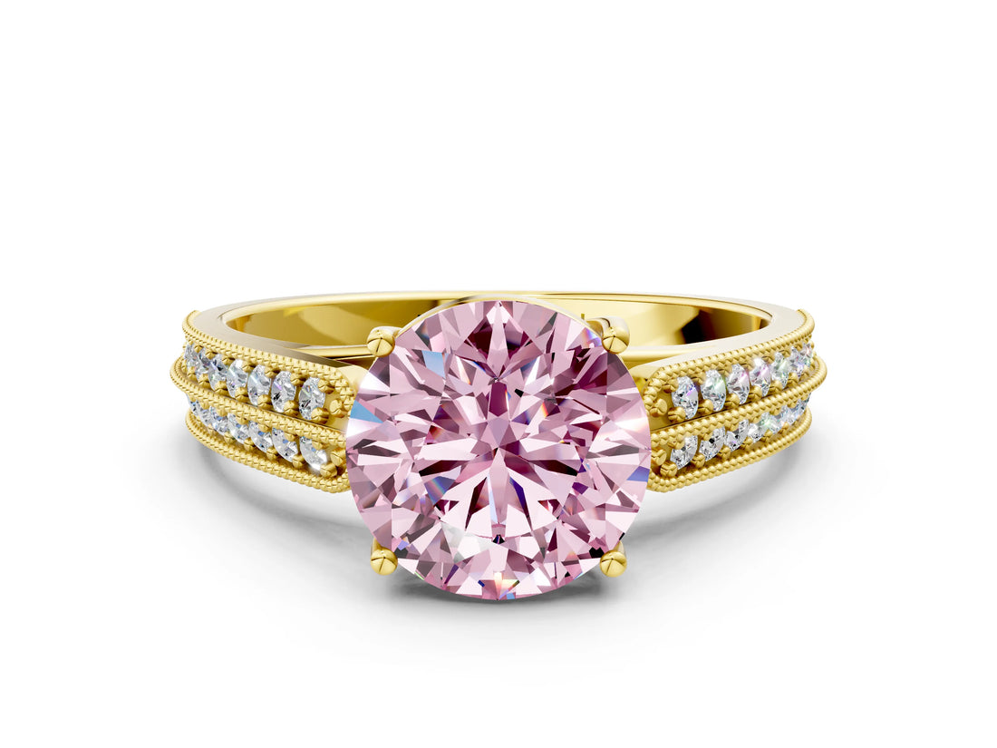 Yellow gold Fancy Pink Round Cut Cut Pave Split Shank Engagement Ring with Four-Prong Setting