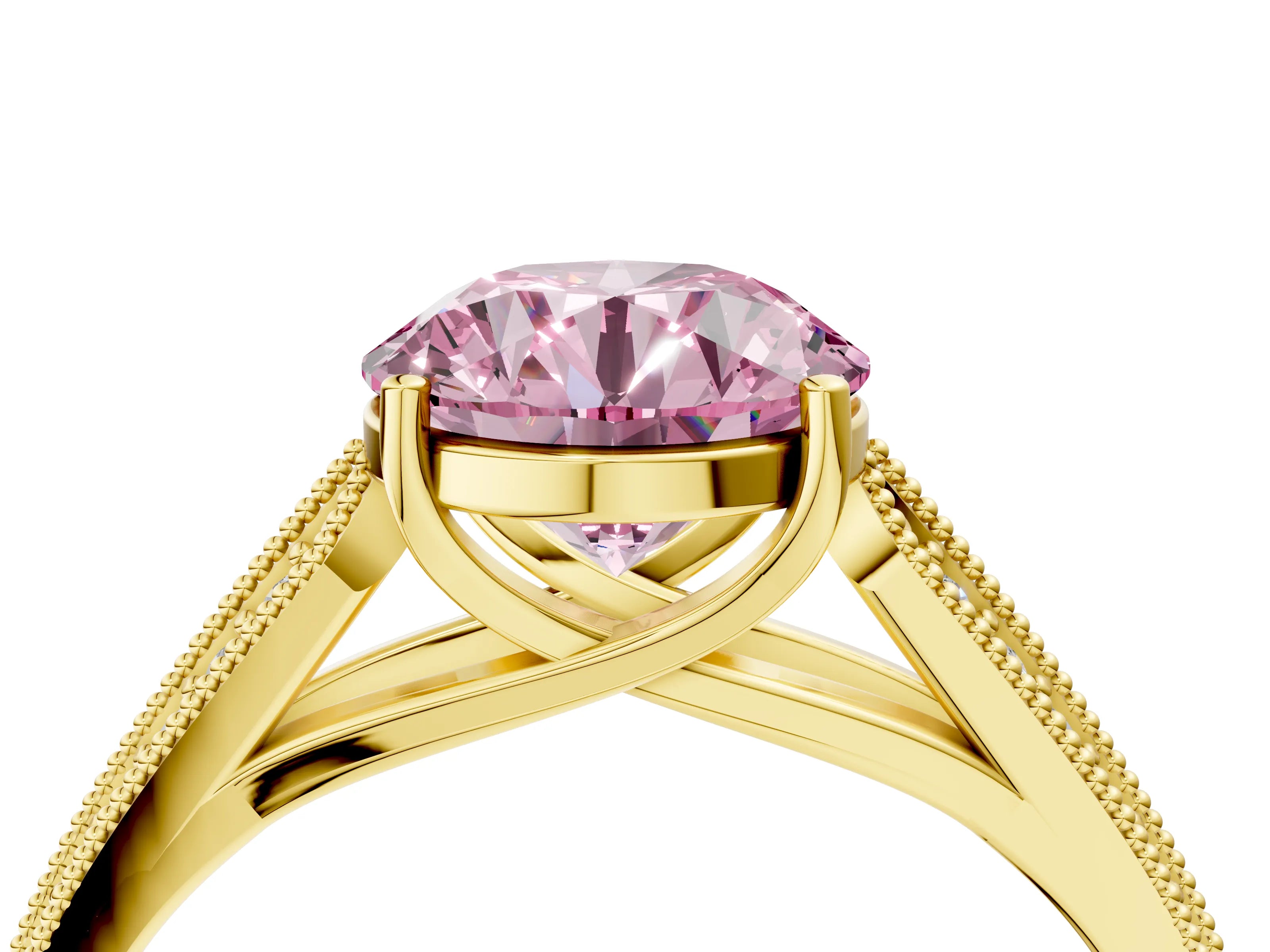 Yellow gold Fancy Pink Round Cut Cut Pave Split Shank Engagement Ring with Four-Prong Setting_4