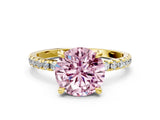 Yellow gold Fancy Pink Round Cut Diamond Brilliant Solitaire Ring with Pavé Band and Four-Prong Setting