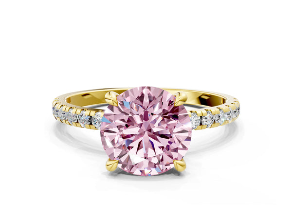 Yellow gold Fancy Pink Round Cut Diamond Brilliant Solitaire Ring with Pavé Band and Four-Prong Setting