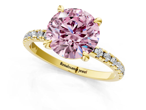Yellow gold Fancy Pink Round Cut Diamond Brilliant Solitaire Ring with Pavé Band and Four-Prong Setting