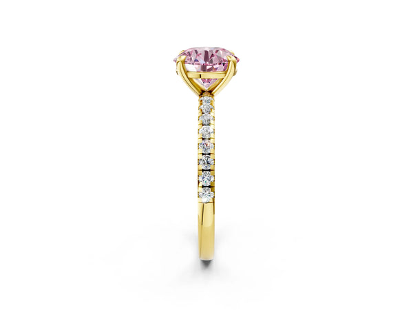 Yellow gold Fancy Pink Round Cut Diamond Brilliant Solitaire Ring with Pavé Band and Four-Prong Setting