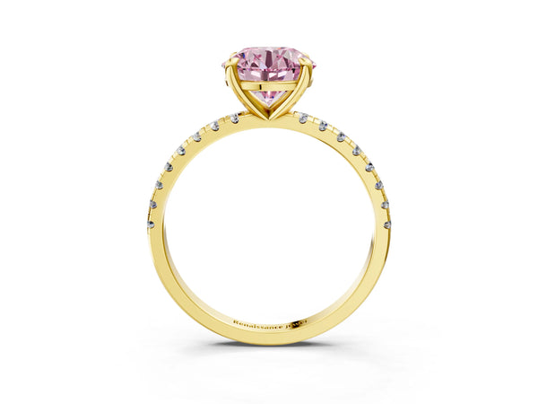 Yellow gold Fancy Pink Round Cut Diamond Brilliant Solitaire Ring with Pavé Band and Four-Prong Setting
