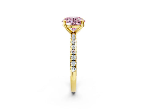 Yellow gold Fancy Pink Round Cut Diamond Brilliant Solitaire Ring with Pavé Band and Four-Prong Setting_2