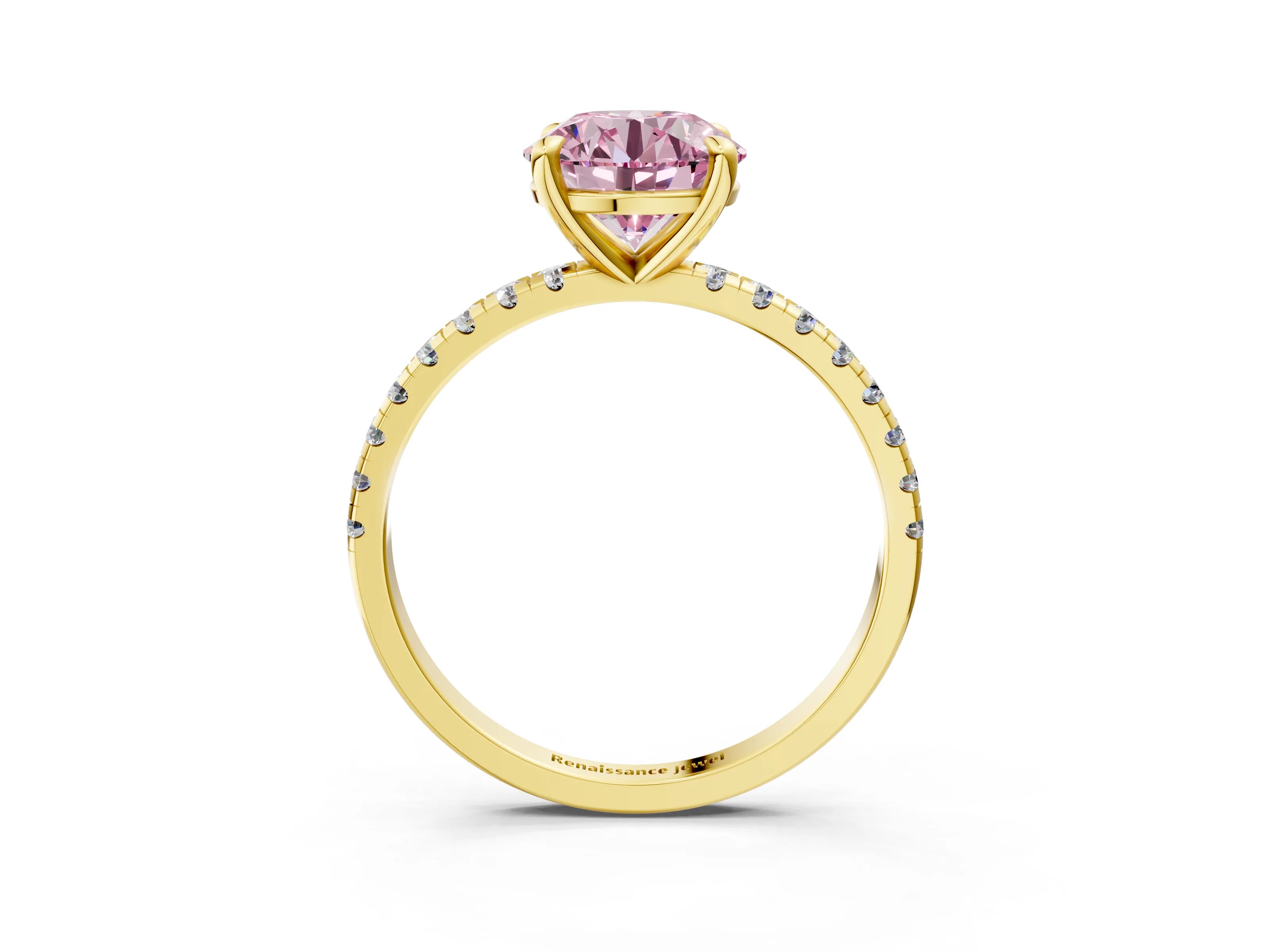 Yellow gold Fancy Pink Round Cut Diamond Brilliant Solitaire Ring with Pavé Band and Four-Prong Setting_3