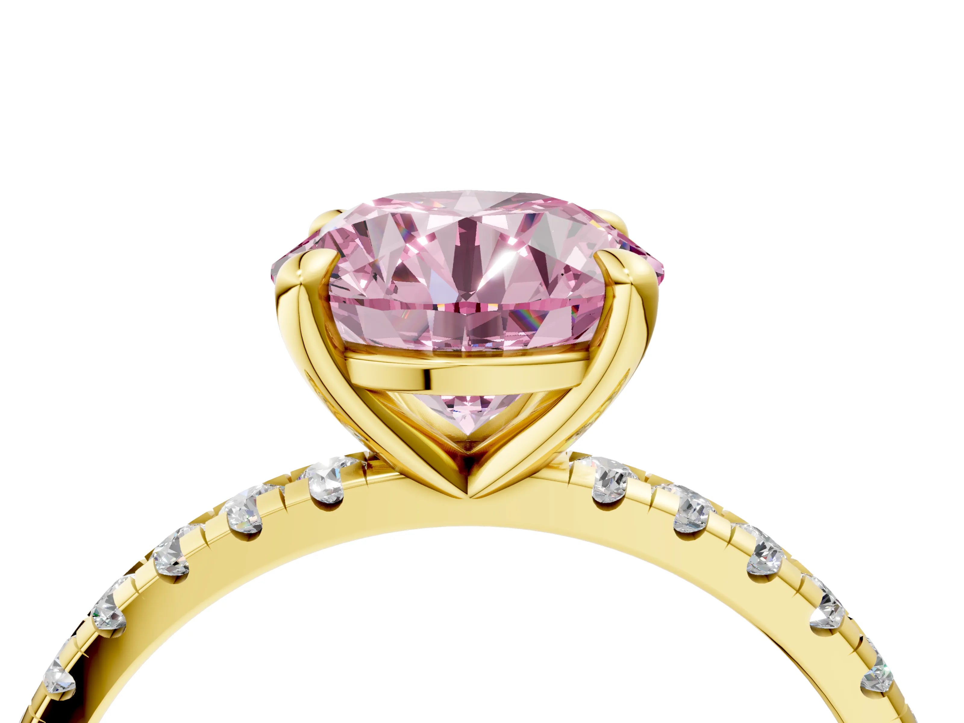 Yellow gold Fancy Pink Round Cut Diamond Brilliant Solitaire Ring with Pavé Band and Four-Prong Setting_4