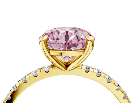 Yellow gold Fancy Pink Round Cut Diamond Brilliant Solitaire Ring with Pavé Band and Four-Prong Setting_4