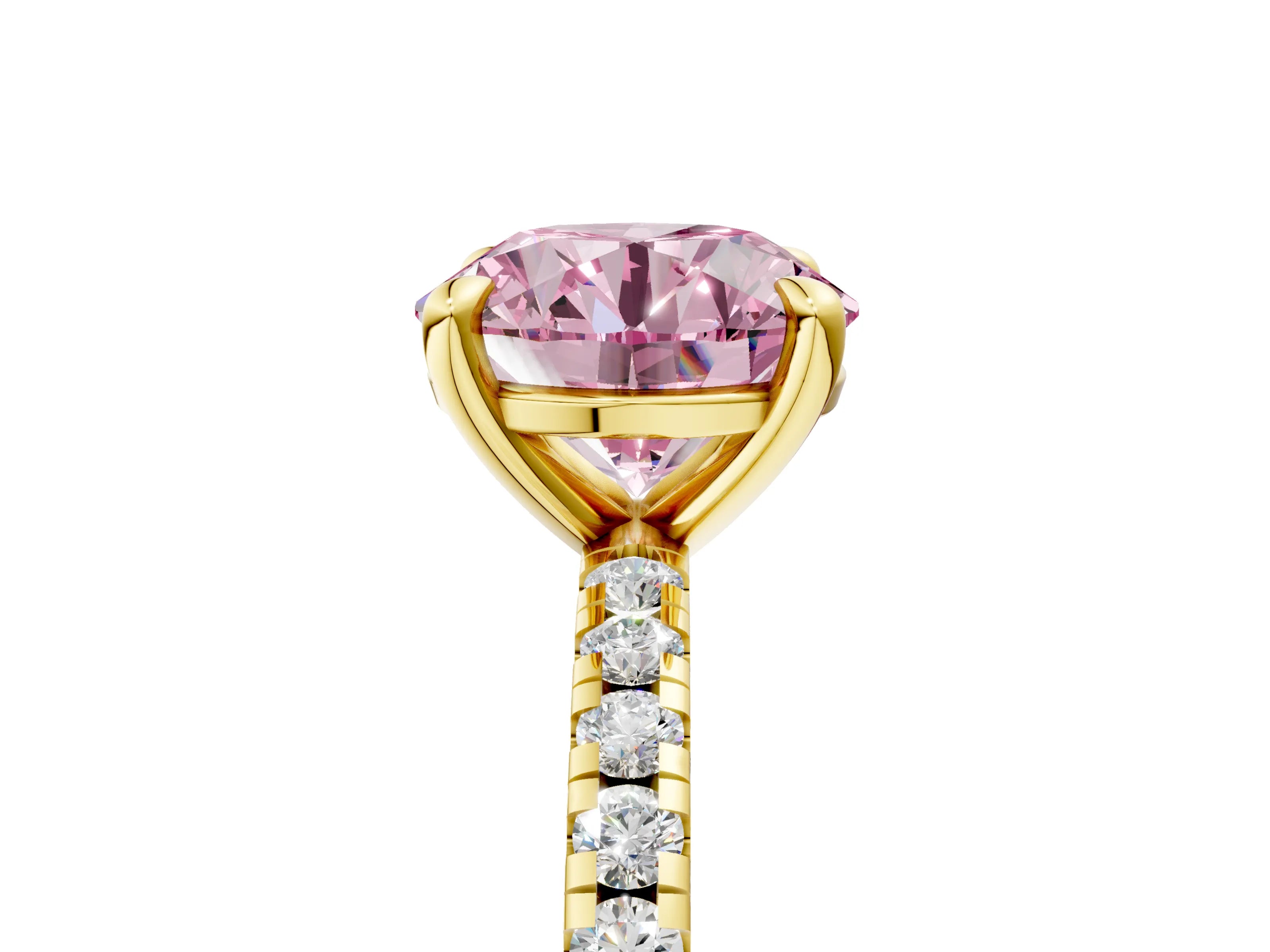 Yellow gold Fancy Pink Round Cut Diamond Brilliant Solitaire Ring with Pavé Band and Four-Prong Setting_5