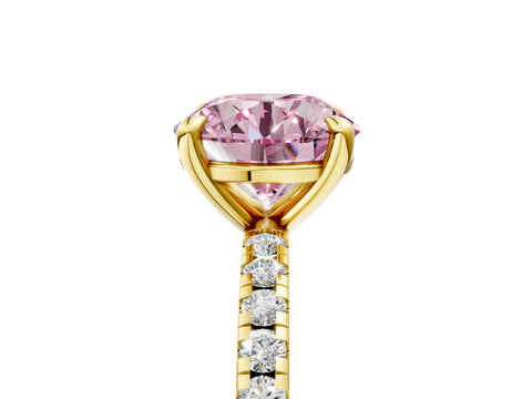 Yellow gold Fancy Pink Round Cut Diamond Brilliant Solitaire Ring with Pavé Band and Four-Prong Setting_5