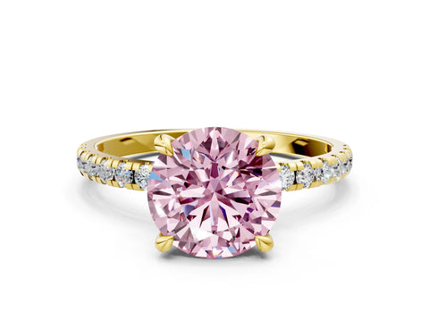 Yellow gold Fancy Pink Round Cut Diamond Brilliant Solitaire Ring with Pavé Band and Four-Prong Setting