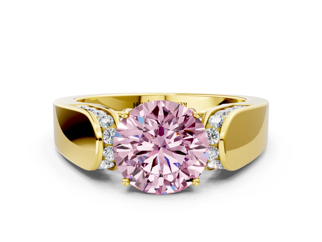Yellow gold Fancy Pink Round Cut Diamond Channel Set Solitaire Ring with Four-Prong Setting_12
