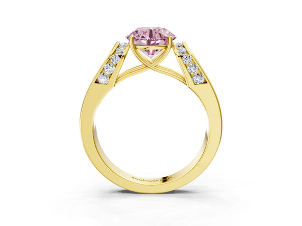 Yellow Gold Round Channel Set Engagement Ring Setting for Fancy Pink Center with Wide Band